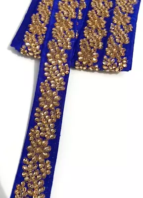 £4.65 • Buy 1m 3.5cm Wide Assorted Gold Indian Diamante Stone Flower Embroidery Trim Ribbon
