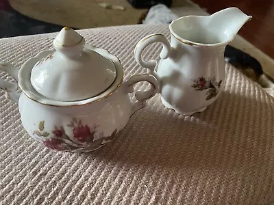 Vintage Moss Rose Japan Porcelain Creamer Sugar Bowl Pink Roses Gold 1950's • $20