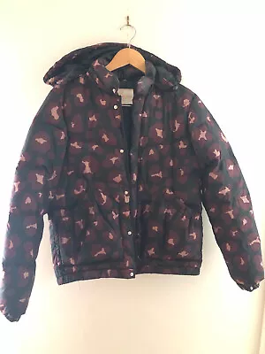 $140 • Buy Gorman Short Puffer Jacket W/hood, Black With Maroon And Peach Flowers, Size 8