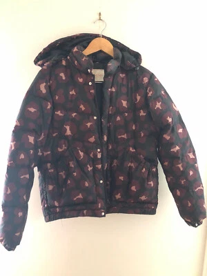 $140 • Buy Gorman Short Puffer Jacket W/hood, Black With Maroon And Peach Flowers, Size 8