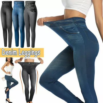 NEW Women's Faux Denim Pants Jeans Skinny Jeggings Leggings Slimming Body Shaper • £12.79