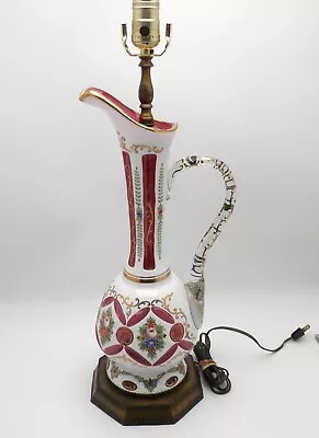 Vintage Moser Czech Bohemian Glass White To Cranberry Pitcher Lamp • $188