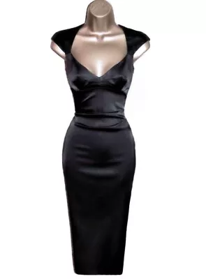 Karen Millen UK 8 (US 4) EXQUISITE BLACK SATIN STRETCH GALAXY PENCIL DRESS • £79.99