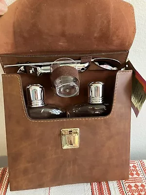 VTG W/ Tag Travel Bar Leather Case 2 Glass Liquor Decanters Jigger Utensils Set • $39.99