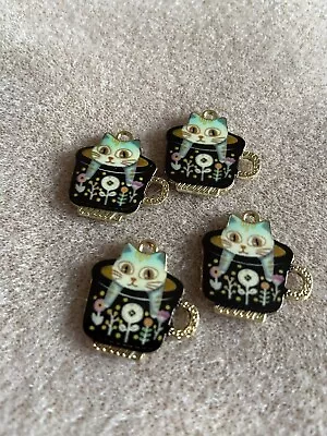 £2.99 • Buy 4 X Cat Teacup Charm Enamel Jewellery Making Kawaii Cute Kitten Pendant 22x23mm