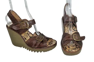 £29.99 • Buy Fly London Brown Leather Fully Opening Wedge Sandals Uk Size 7. Eu 40