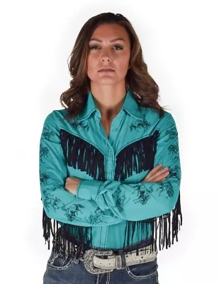 Cowgirl Tuff Western Shirt Womens L/S Fringe Horse Turquoise 100826 • $109.99