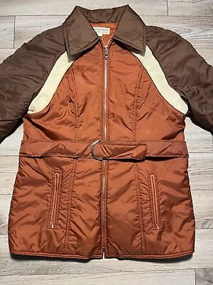 Vintage Women’s Coat Ski Jacket Belt Rust Brown Orange Size Large 70s 80s • $38