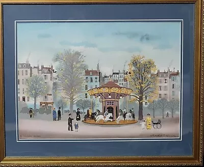  Michel Delacroix Lithograph  Park & Carousel Scene 22 -18  Signed In Gold Frame • $299