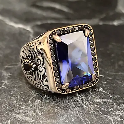 Men Silver Square Blue Gemstone Ring  Silver Blue Sapphire Zircon Stone Ring • $52