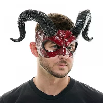 Men's RED Demon DEVIL Half Face Cosplay Halloween Costume Mask W/ Black Horns • $35.99