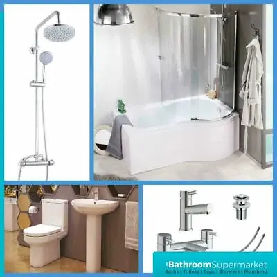 P Shaped Bathroom Suite Right Hand 1700 Bath BTW Toilet WC Basin Taps & Shower • £649