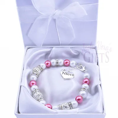Dusky Pink Pearl Bracelet  Choice Of Heart Charm  Gift Box Mum Sister Auntie • £7.49