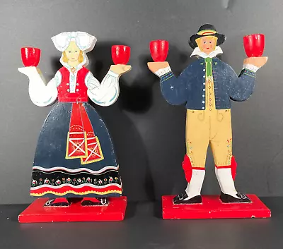 Vintage IKEA Lizzie Velander Swedish Man Woman Wooden Candle Stick Holders 1980s • $22