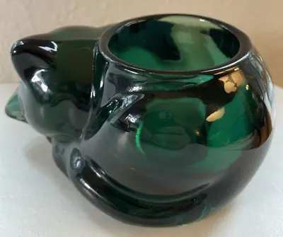 INDIANA GLASS Vintage Emerald Green Sleeping Kitten Cat Votive Tea Light Holder • $6.99