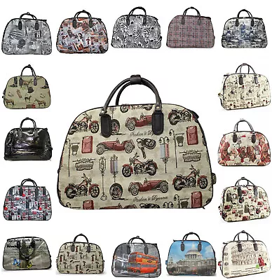 Unisex Printed Wheeled Trolley Holdall Hand Luggage Weekend Wheelie Cabin Bags • £22.89