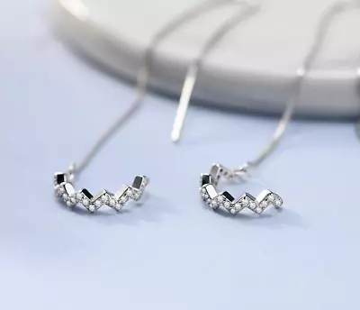 S925 Sterling Silver Pave CZ Wave Chain Clip On Ear Cuff Threader Earrings • $9.98