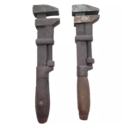 Vintage Wood Handled Adjustable Monkey Wrench Lot Of 2 Pipe  Wrenches Antique • $38