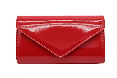 New Ladies Glossy Patent Faux Leather Clutch Bag Evening Wedding Plain Bridal • £11.95