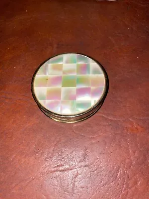 VINTAGE Max Factor CREME PUFF Mother Of Pearl COMPACT Shiny Metal  -ROUND. • $24.99