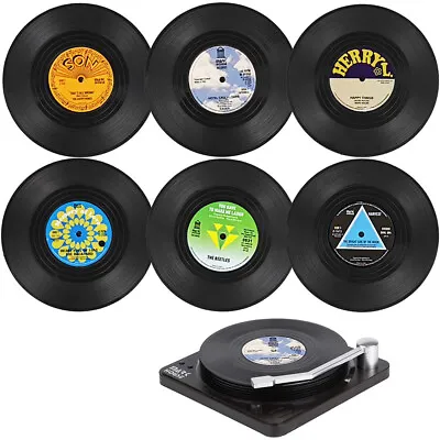 £7.99 • Buy 6pc Vinyl Coasters For Drinks Coasters With Record Player Holder Mug Pad Mat Hot