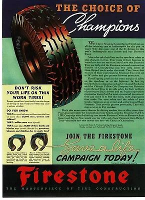 1937 Firestone Tires Save A Life Choice Of Champions Vintage Print Ad • $8.95