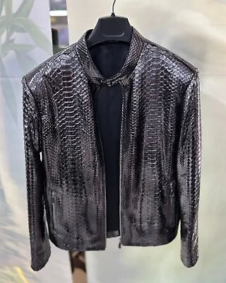 Metallic Grey Genuine Python Skin Men's Exotic Leather Luxury Moto Jacket • $1695