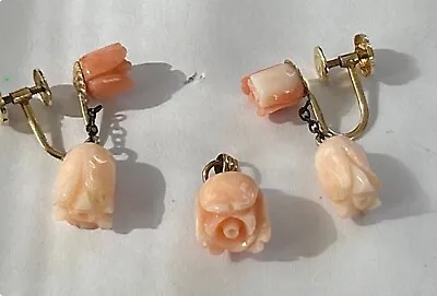 Vintage 14k Carved Angel Skin Coral Drop Earrings And Pendant Set  • $75