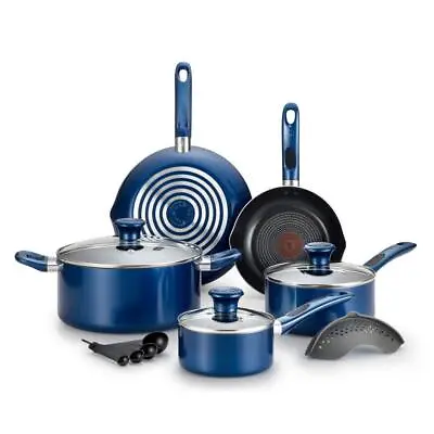 T-fal Cookware Set 14-Pcs Aluminum Scratch Resistant Non Stick Interior Blue • $90.01