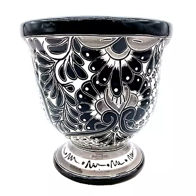 Talavera Pottery Planter Mexican Ceramic Flower Pot Black White Urn Shape Lg 11  • $72