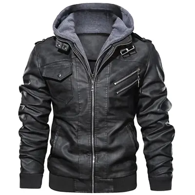 Men's Slim Fit Outwear Black Leather Jacket Zipper Hooded Motorcycle Coats Biker • $59.39