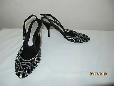 MAGRIT Shoes UK 7.5 Slingback Black Satin Leather Heel 4  Diamante Details VGC • £26.39