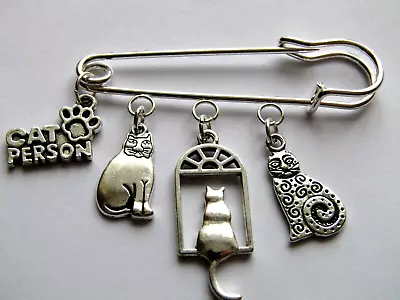 Silver Brooch-pin With 4 X Silver Charms-cats-window Sill Cat Charms New-70mm • £2.99