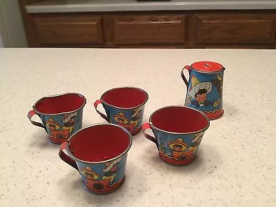 Vintage Tin Litho Tea Set  Cups Creamer Bulls Mexico Sombrero 5 Pcs  • $69.99