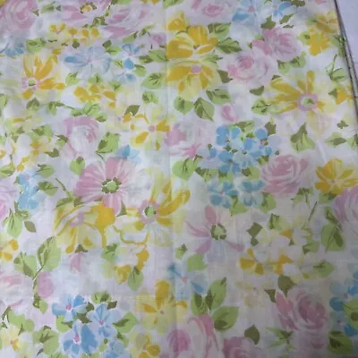 Vintage Springs Flat Sheet Queen Blue Yellow Flowers Cotton Blend No Iron Usa • $18