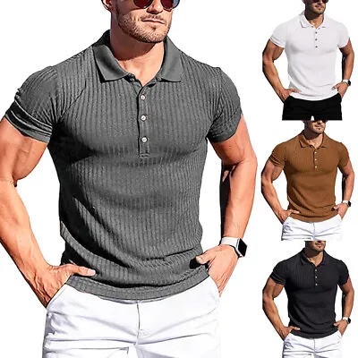 Men Summer Ribbed Muscle Stretch Slim Fit Short Sleeve T-Shirt Collar Casual Top • $14.35