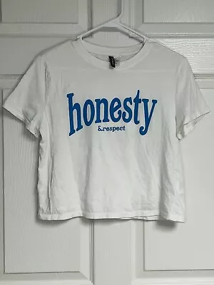 H&M Divided White Honesty & Respect Cropped Short Sleeve T Shirt Size Medium • $13.25