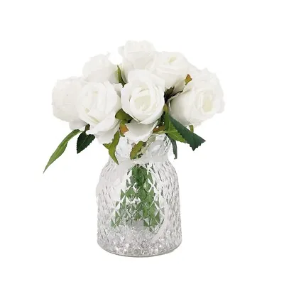 £13.99 • Buy White Bud Rose Artificial Flower Arrangement In Pretty Textured Glass Vase 21cm