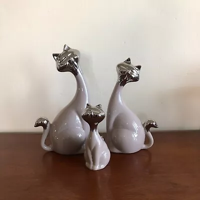 Vintage Long Neck Ceramic Cat Family With Shiny Silver Heads And Creamy Beige • $60