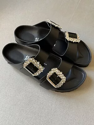 MANOLO BLAHNIK X BIRKENSTOCK Arizona Crystal Buckle Black Slides EU41 Narrow Fit • $553.82