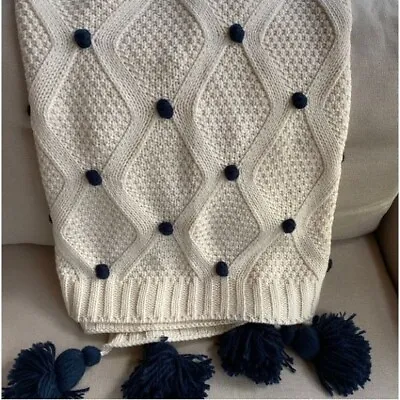 Pottery Barn Bobble Knit Cable Knit Throw 50x60 Ivory Navy • £61.53