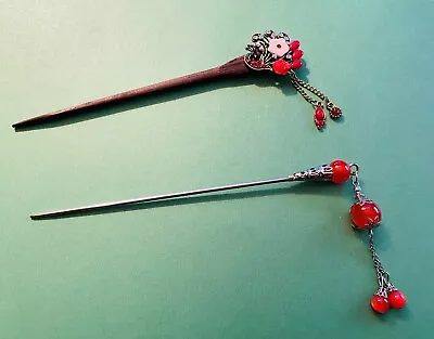 2 Pieces Vintage Asian Style Hair Stick Metal And Wood • $8.95