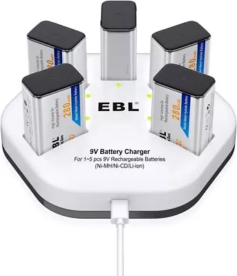 EBL 5-Slot Battery Charger For 9V Li-ion Rechargeable Battery With 280mAh/600mAh • £14.99