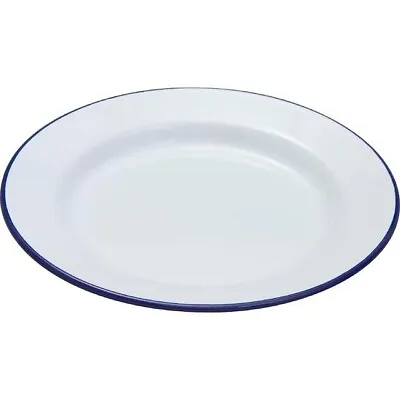 Falcon 24cm Enamel Dinner Plates Classic White Enamelware Round Plate Blue Rim • £9.19