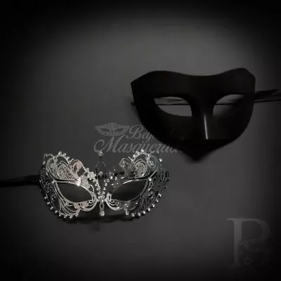 Couple's Masquerade Masks | Masquerade Masks Silver Black • $29.95