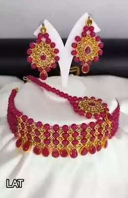 Ethnic Indian Gold Plated Bollywood Bridal Necklace Jewelry Set Earrings Tika • $14.99