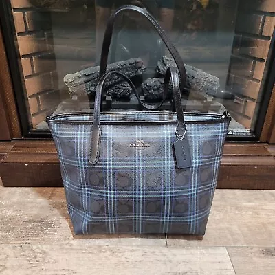 Coach Plaid Handbag Blue Striped Zip Tote Signature Canvas  • $89.95