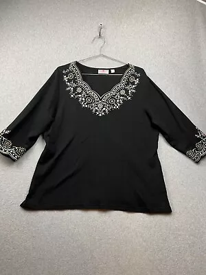 Quacker Factory Cotton Top Women Size L Scallop Embroidered Bejeweled Casual • $19.87