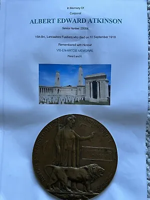 £100 • Buy WW1 Death Memorial Plaque Penny Atkinson Lancashire Fusiliers KIA Via-En-Artois