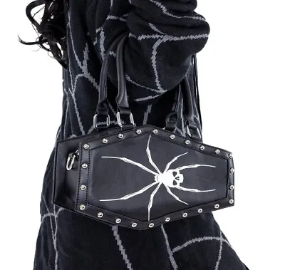 Heartless Widow Maker Handbag Shoulder Bag Black White Spider Coffin Silver Stud • £37.99